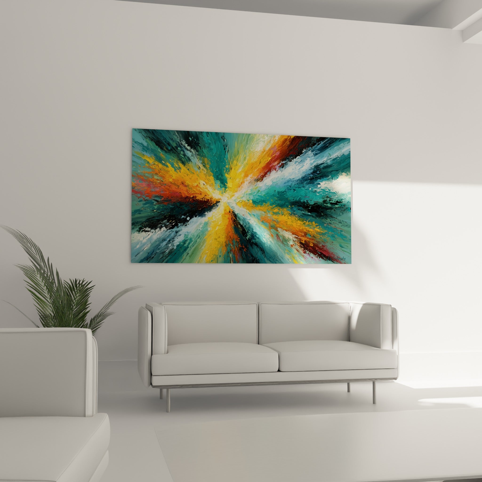 Vagues d'orange et de turquoise se déployant en diagonale, suspendues au-dessus d'un canapé dans un salon lumineux