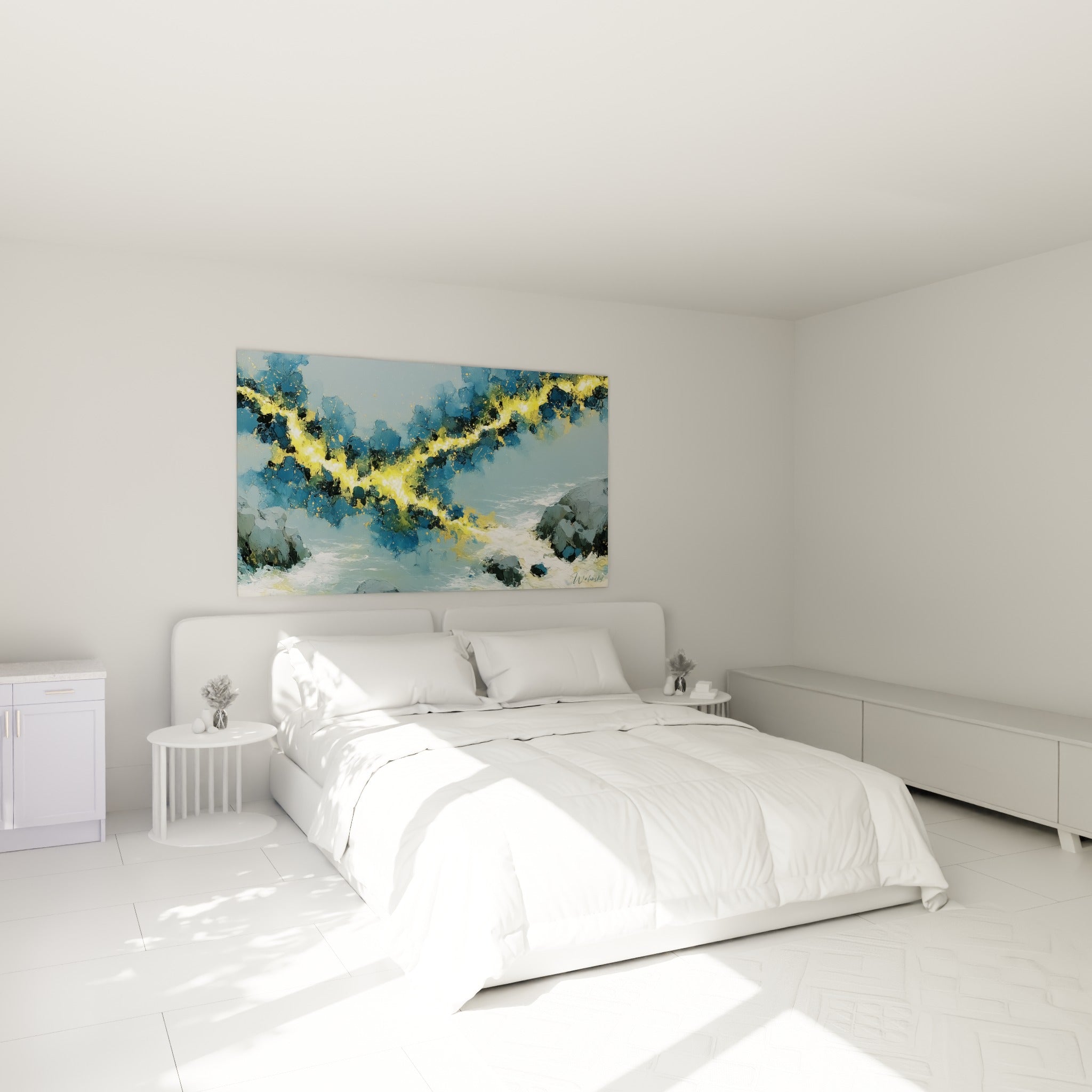Vagues et éclair doré style Peinture abstrait, bleu profond et jaune vif, au-dessus d'un lit dans une chambre claire