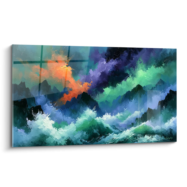 Tableau Vagues turquoise et éclat orangé tempétueux - Fureur des flots - Edition style Peinture abstrait