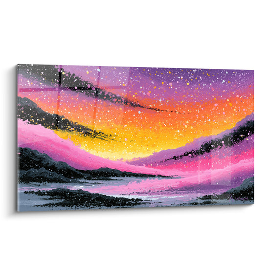 Vallée abstraite rose et orangée aux éclats dorés, style Peinture abstrait sur toile pleine largeur