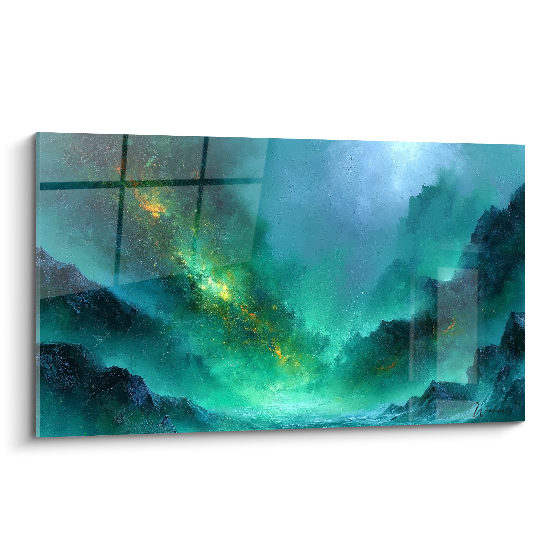 Vallée turquoise et dorée au style Peinture abstrait, faille lumineuse entre montagnes sombres