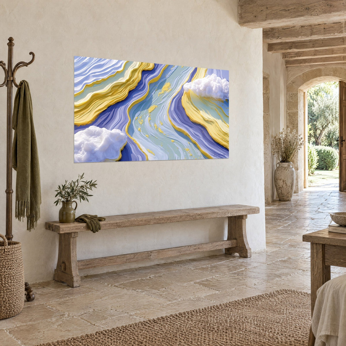 Wall art frozen celestial river with indigo and gold meanders, three-quarter view on a plastered wall, rustic stone bench