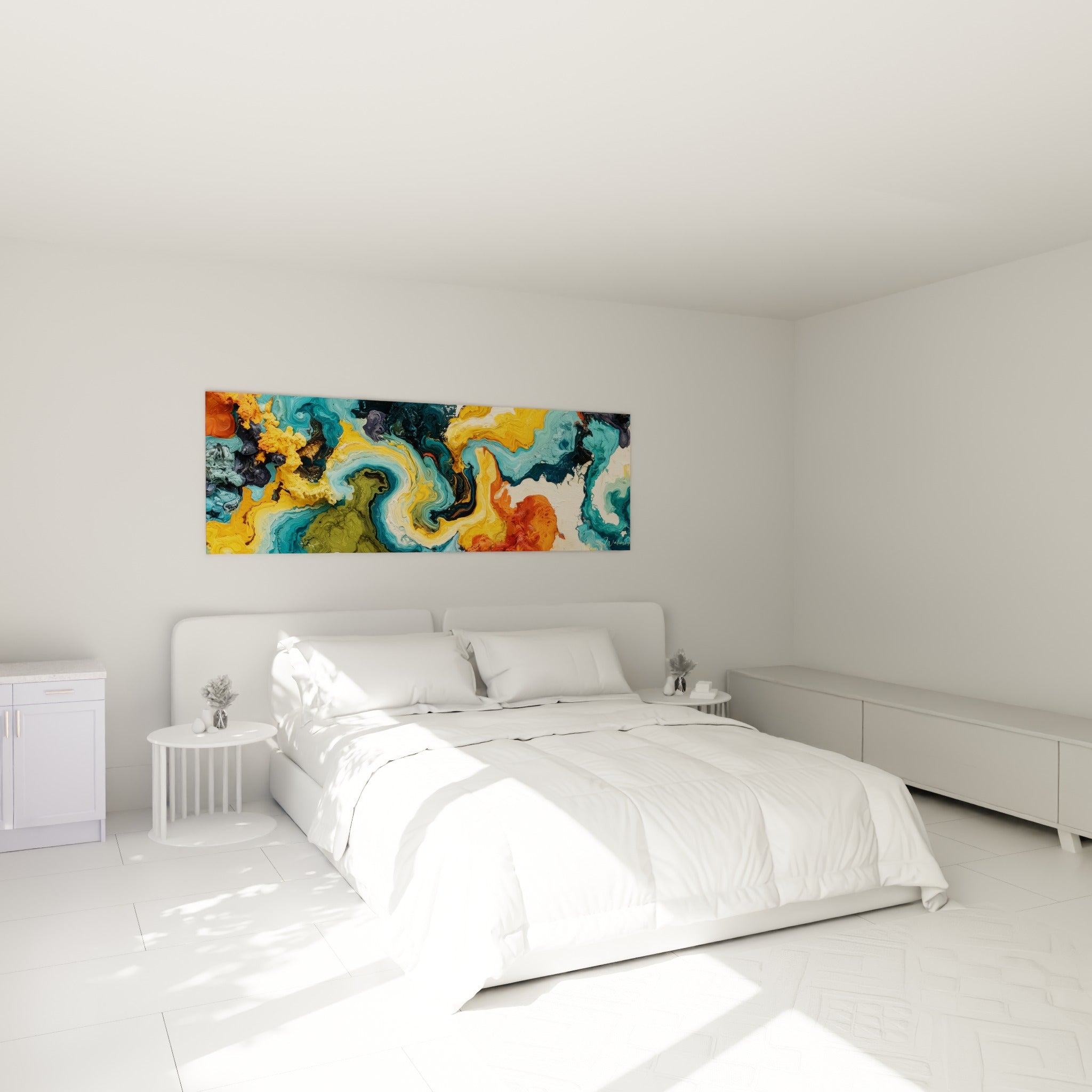 Coulées ocre et bleu pétrole en volutes, style peinture abstraite au-dessus d'un lit dans une chambre claire