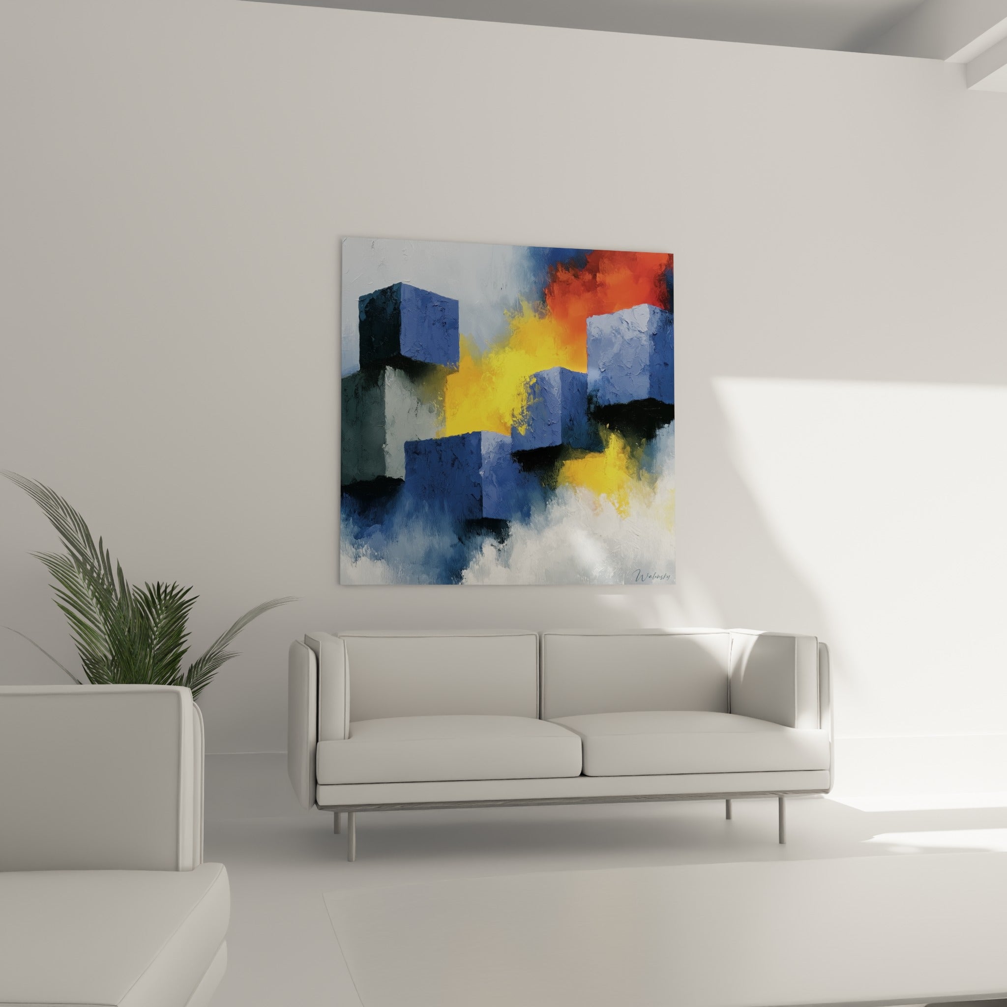 Volumes anthracite et lueurs orangées de ce tableau abstrait dominent un canapé dans un salon lumineux