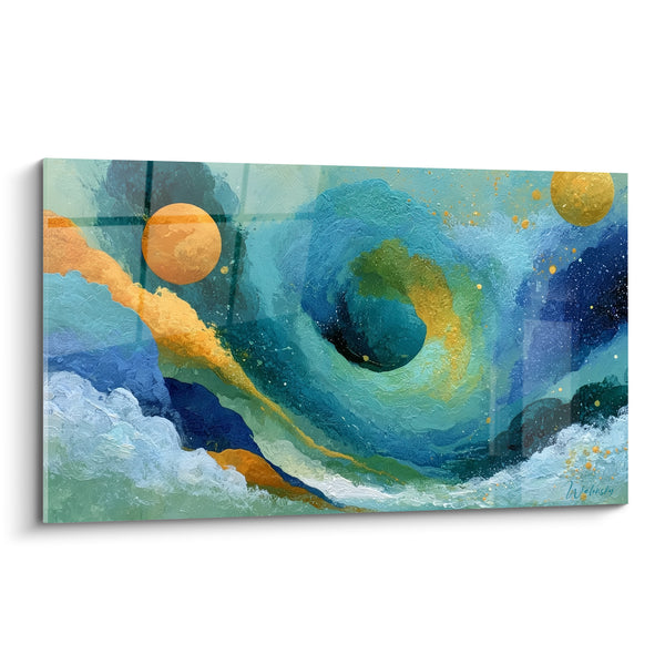 Tableau Vortex bleu et doré aux sphères - Gravité céleste - Edition style Peinture abstrait