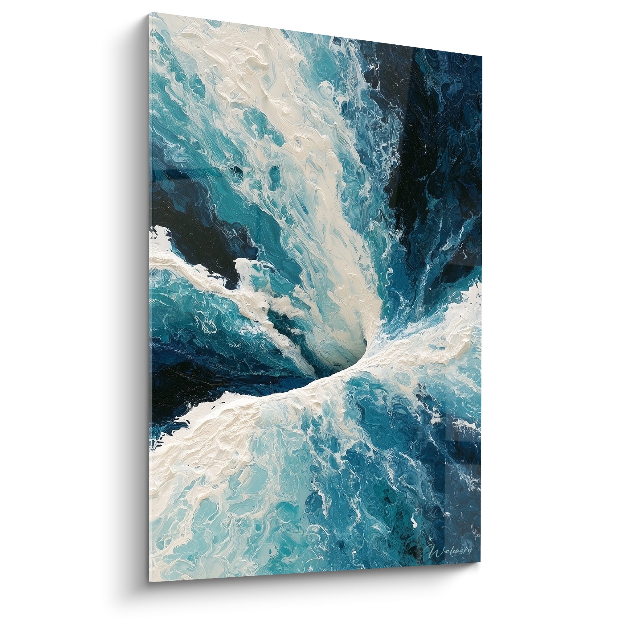 Tourbillon bleu pétrole et blanc écume, texture épaisse évoquant un vortex marin abstrait