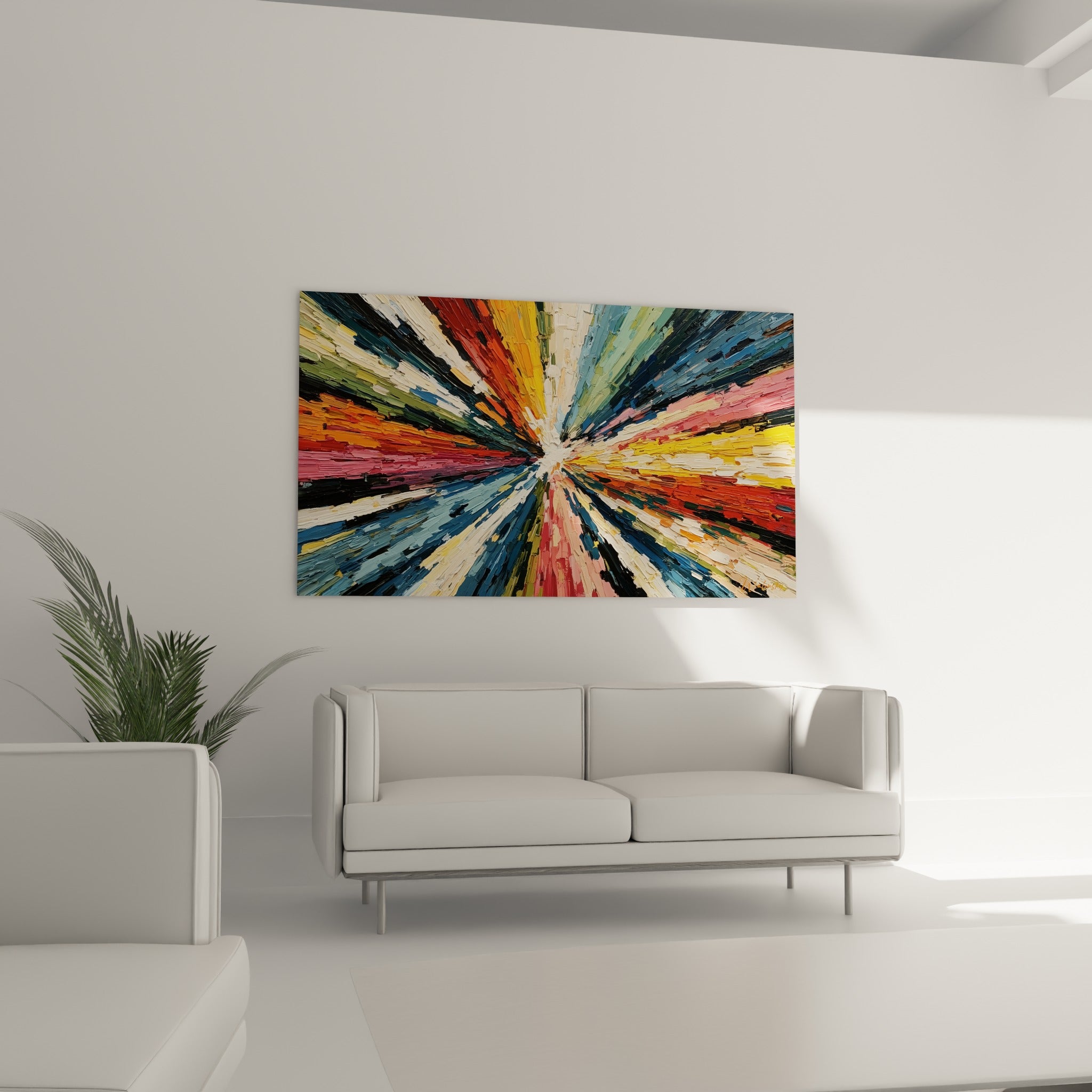 Explosion de couleurs vives bleu marine et jaune doré au-dessus d'un canapé dans un salon lumineux