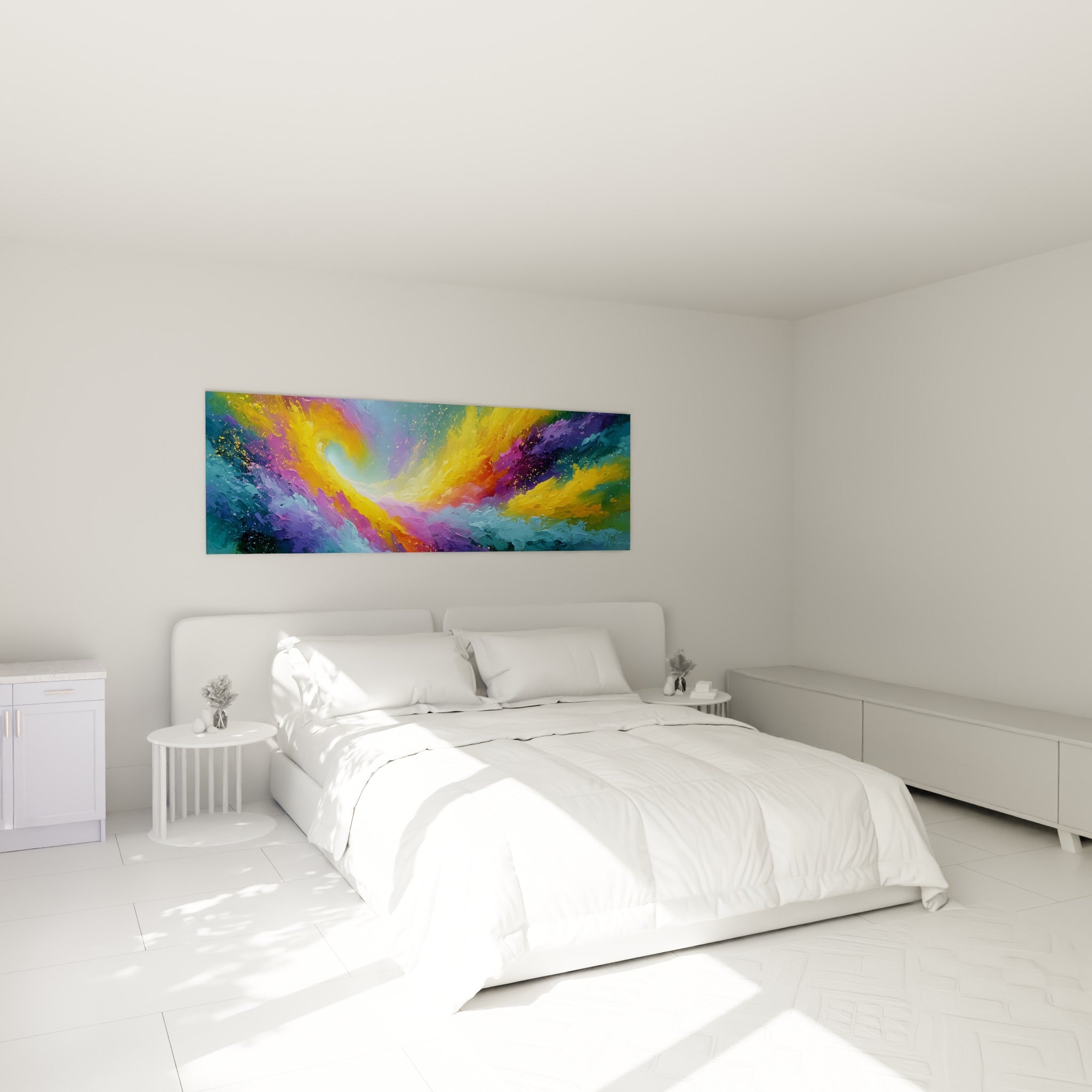Vortex jaune et turquoise peint à l'huile, accroché au-dessus d'un lit dans une chambre claire