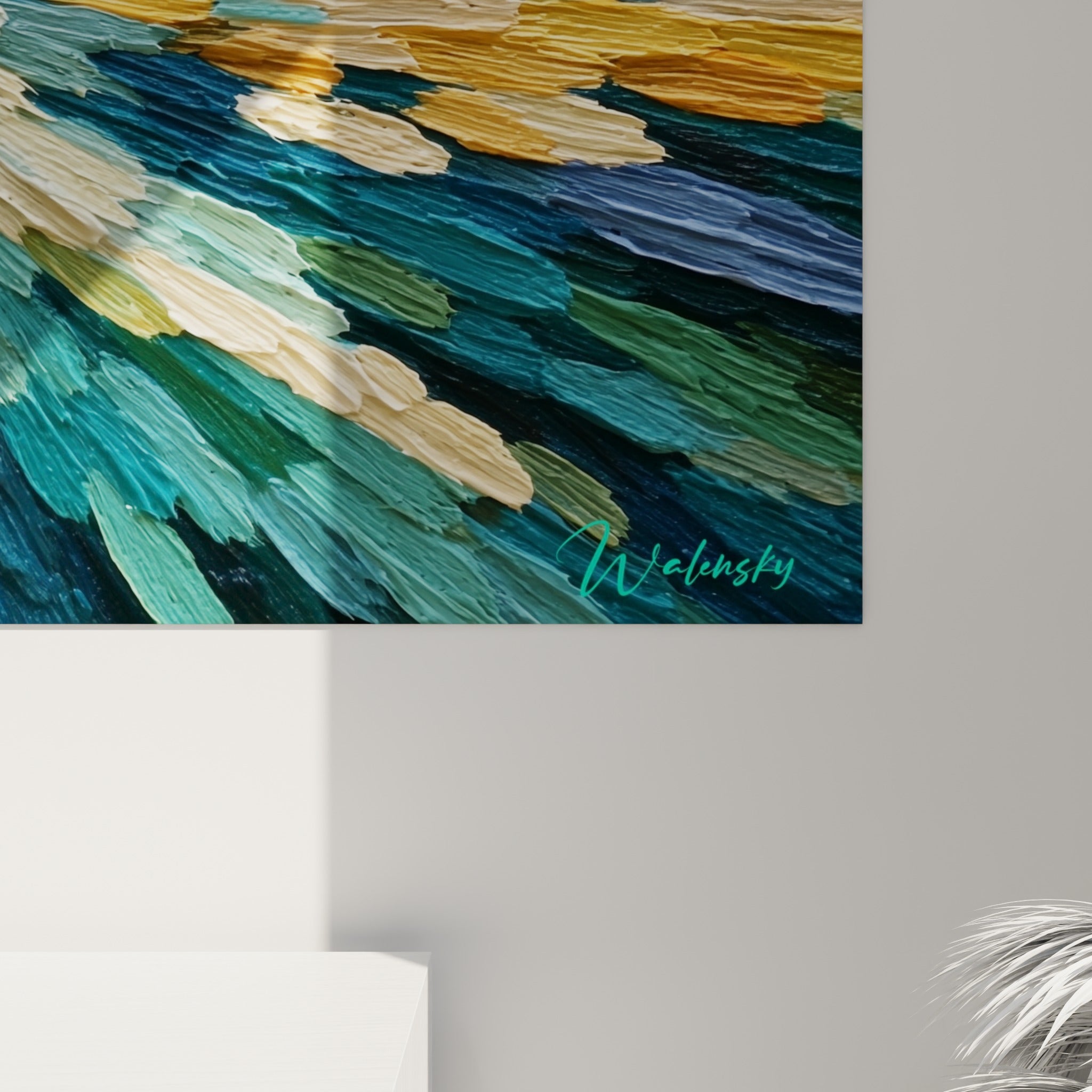 Empâtements épais bleu sarcelle et orange se rejoignant vers un point noir dans ce style Peinture abstrait