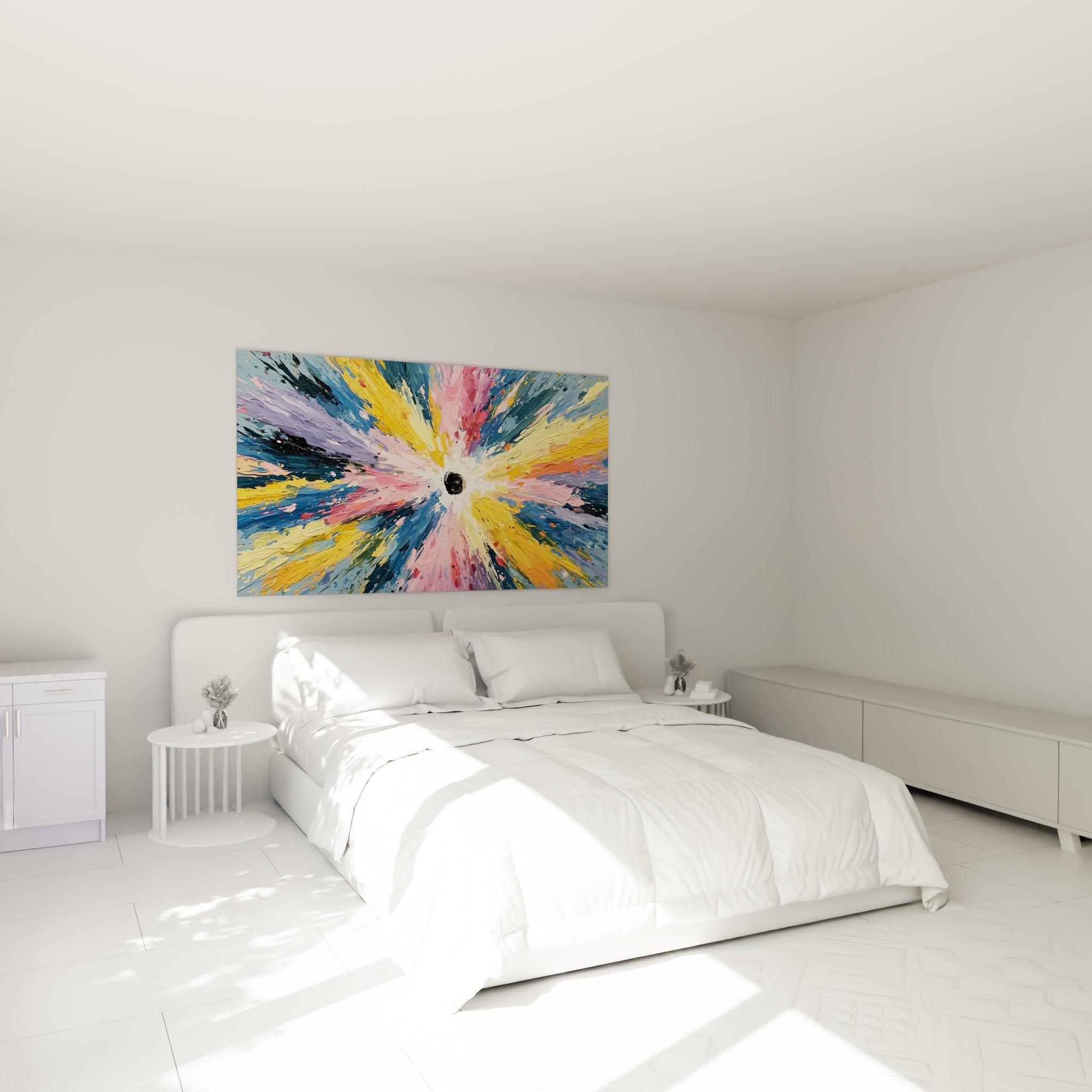 Déflagration colorée rose et bleu pétrole, style Peinture abstrait au-dessus d'un lit dans une chambre claire.