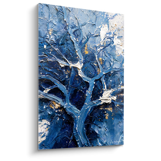 Tableau Arbre bleu et blanc aux branches noueuses - Éclats de givre - Edition Peinture (style)