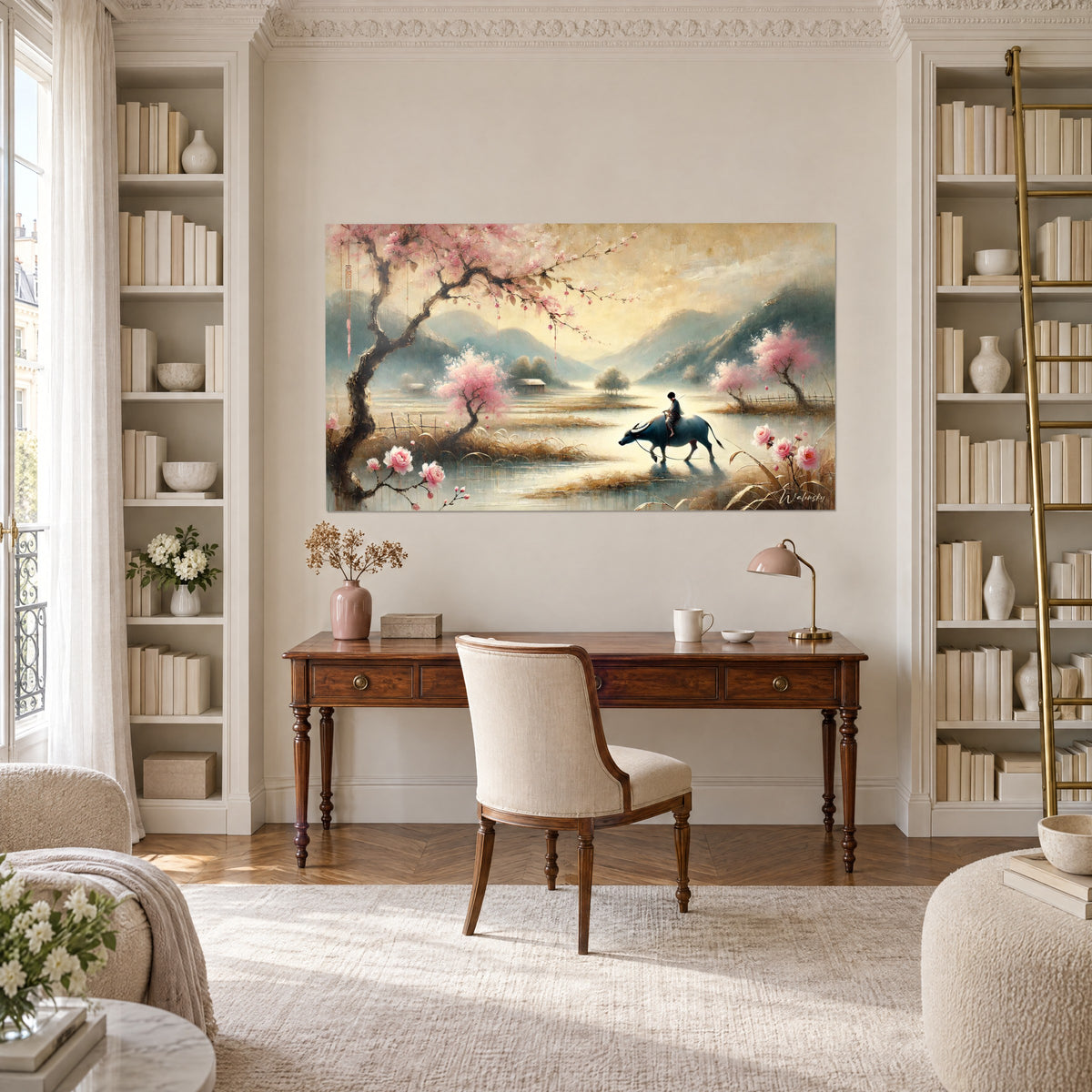Quadro del ritorno del bufalo all'alba, montagne azzurrate, alberi fioriti rosa e canne ocra, tra due librerie di uno studio