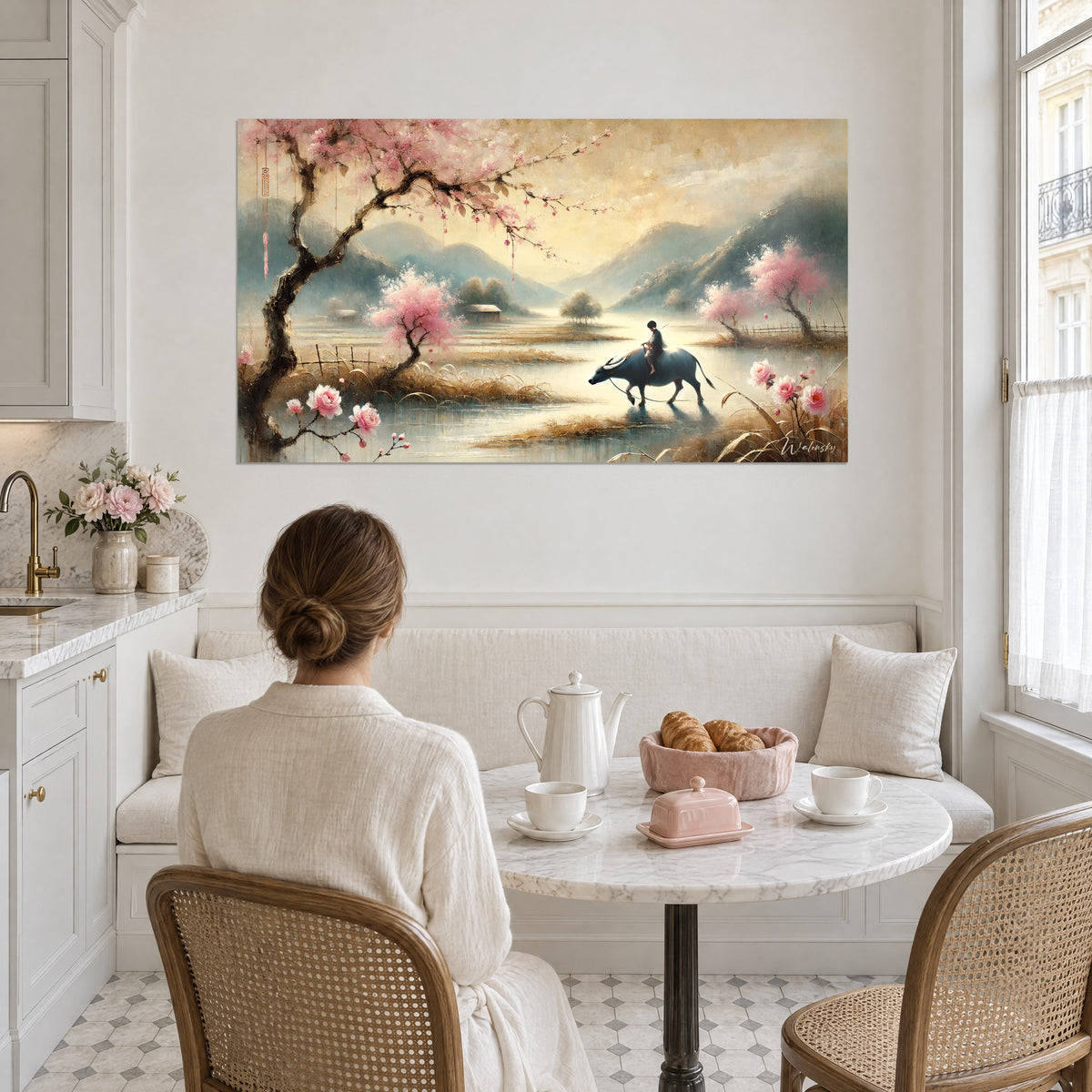 Quadro di un villaggio cinese dipinto a inchiostro, capanna di legno, rami di ciliegio rosa e riflessi dorati, di fronte a un tavolo per la colazione