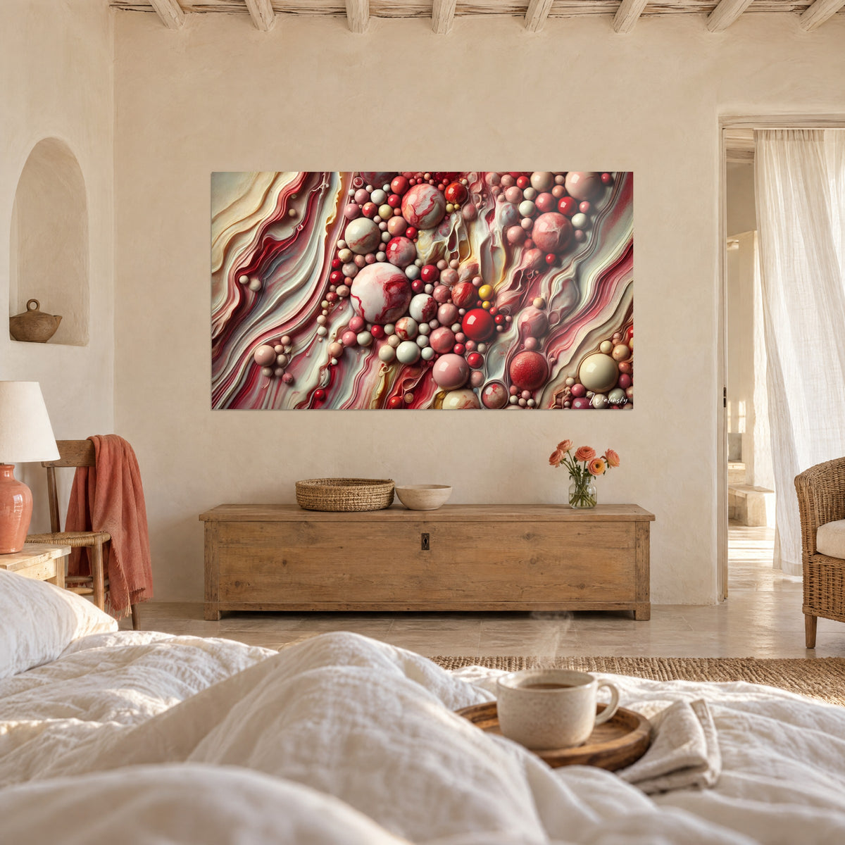 Cuadro de pintura fluida de esferas carmín, rosa polvo y blanco roto, encima de una cama en un dormitorio luminoso