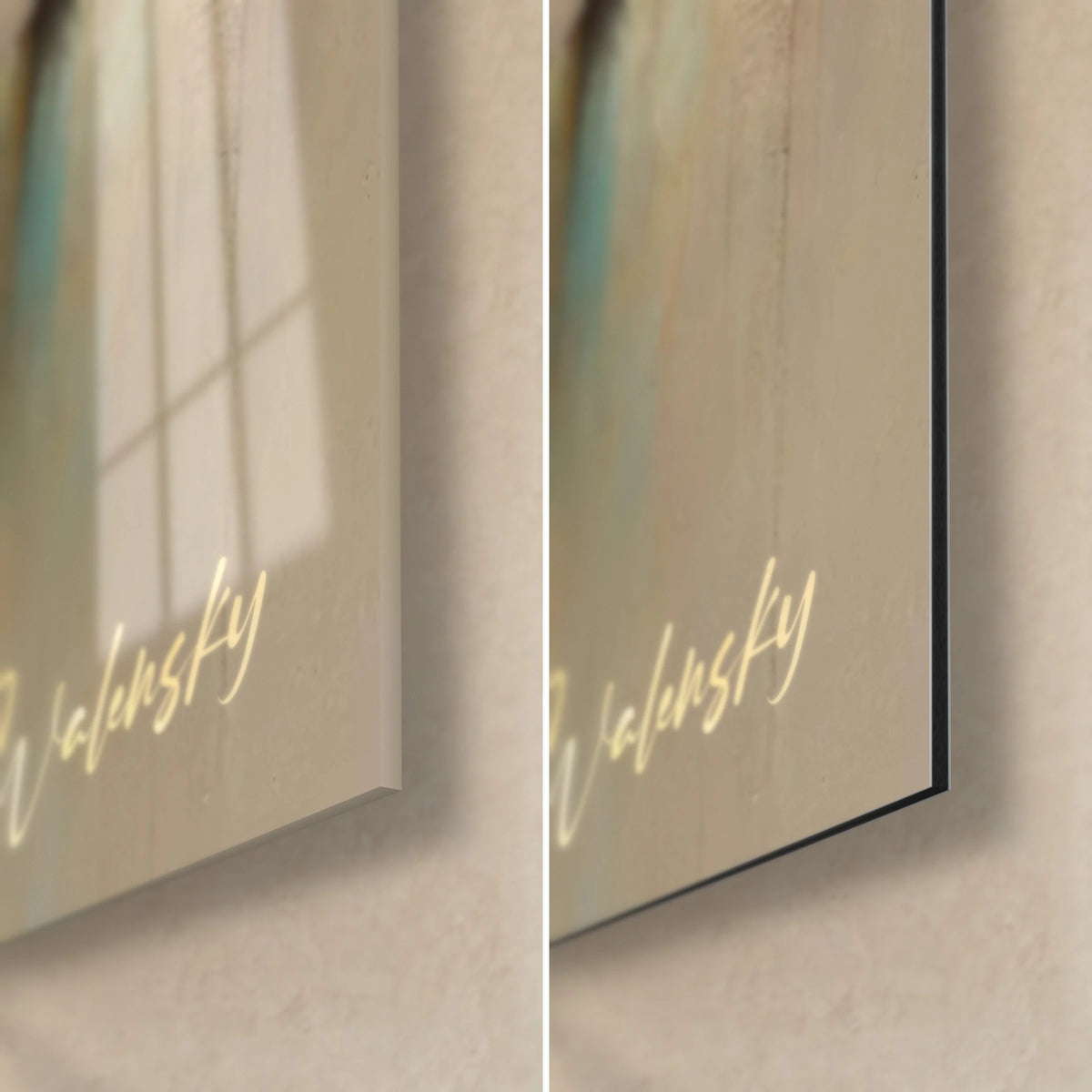 Tableau arche de pierre peinte, coin bas droit en verre brillant et Dibond mat, signature dorée Walensky, tranche de 3 mm