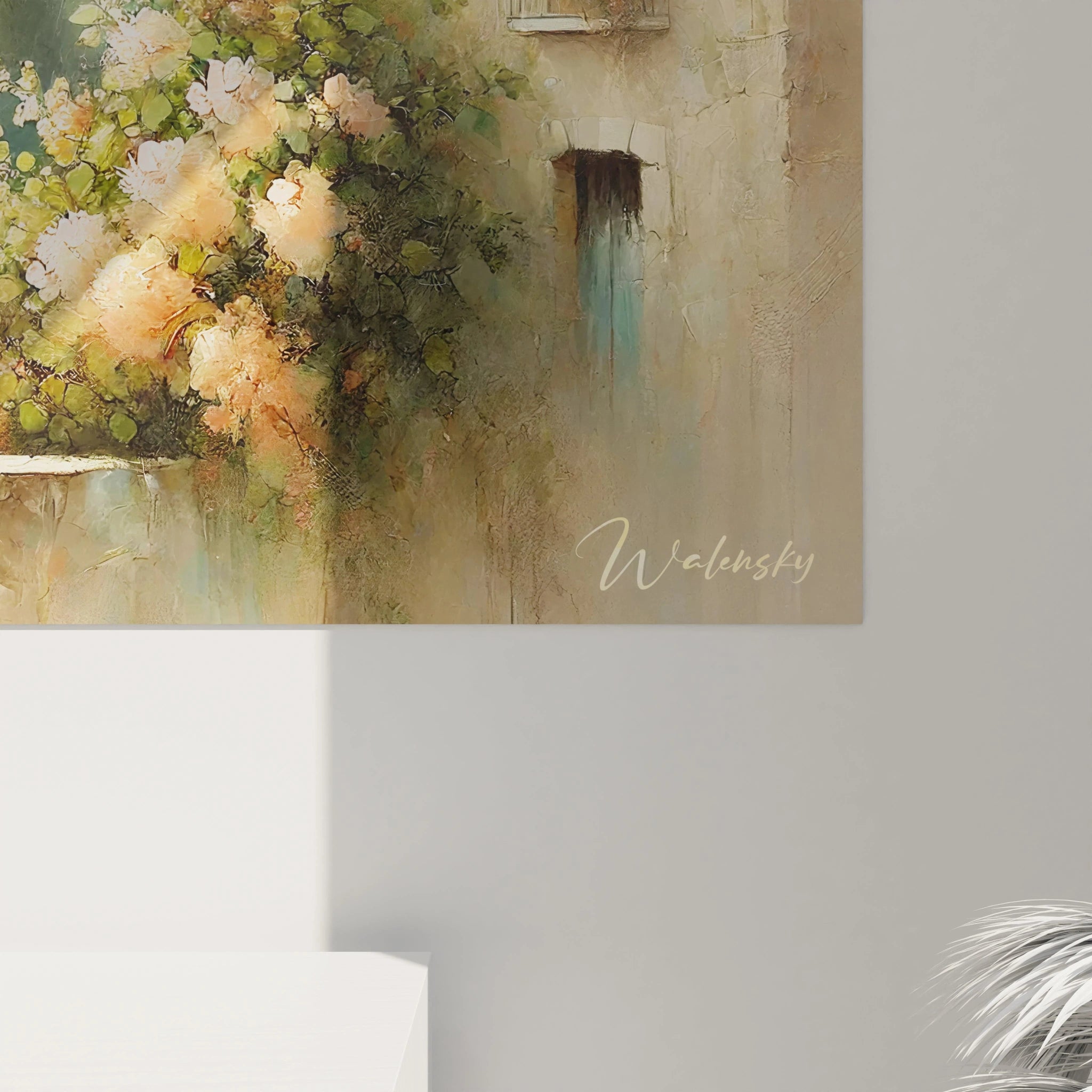Vue de pres ce tableau peinture de paysage devoile les details delicats des maisons et des fleurs rehaussant l'onirisme du paysage






