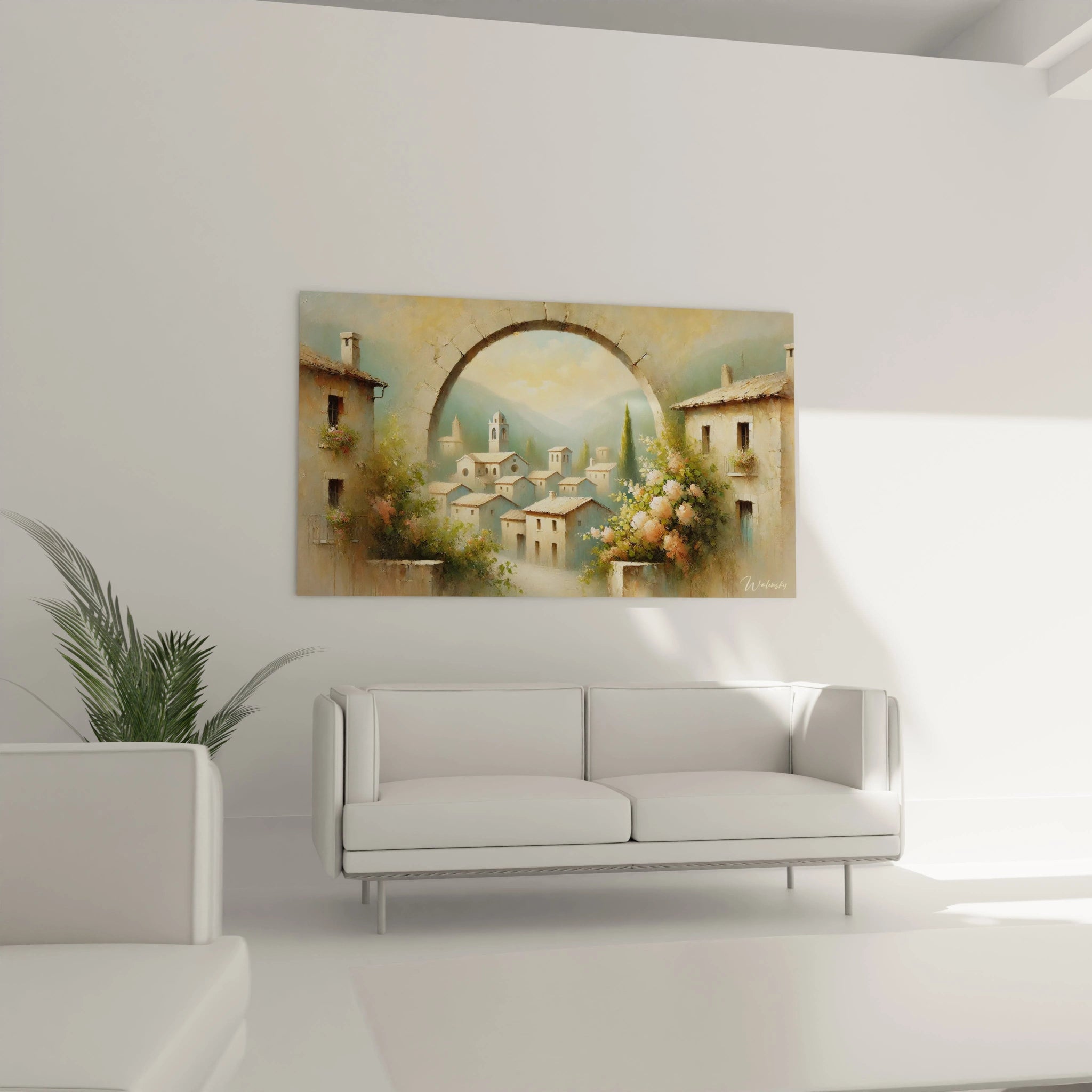 Dans un salon ce tableau peinture de paysage sublime le decor grace a sa scene romantique et lumineuse evoquant un village de charme mediterraneen il instaure une ambiance apaisante

