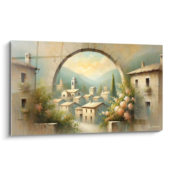 Quadro pittura paesaggio presentato di profilo con dettagli affascinanti di villaggio mediterraneo in armonia dolce e onirica ispira serenità e fuga verso un luogo senza tempo


