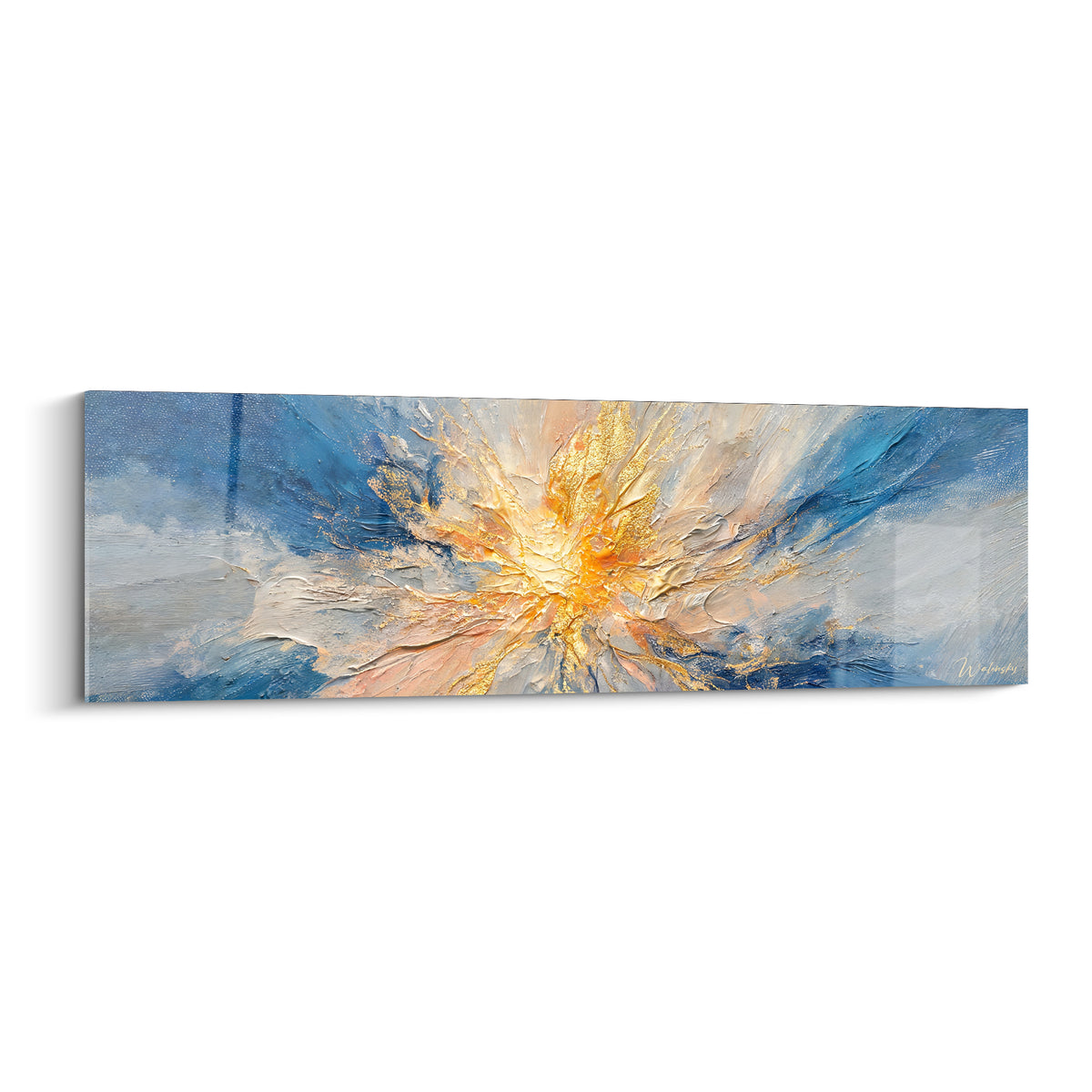 Tableau abstrait explosion dorée et orangée jaillissant d'un fond bleu marine texturé en plein cadre