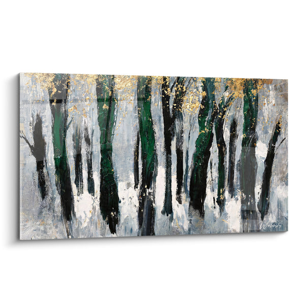 Tableau Forêt verte et dorée aux troncs verticaux - Lueur sous les frondaisons - Edition Peinture (style)