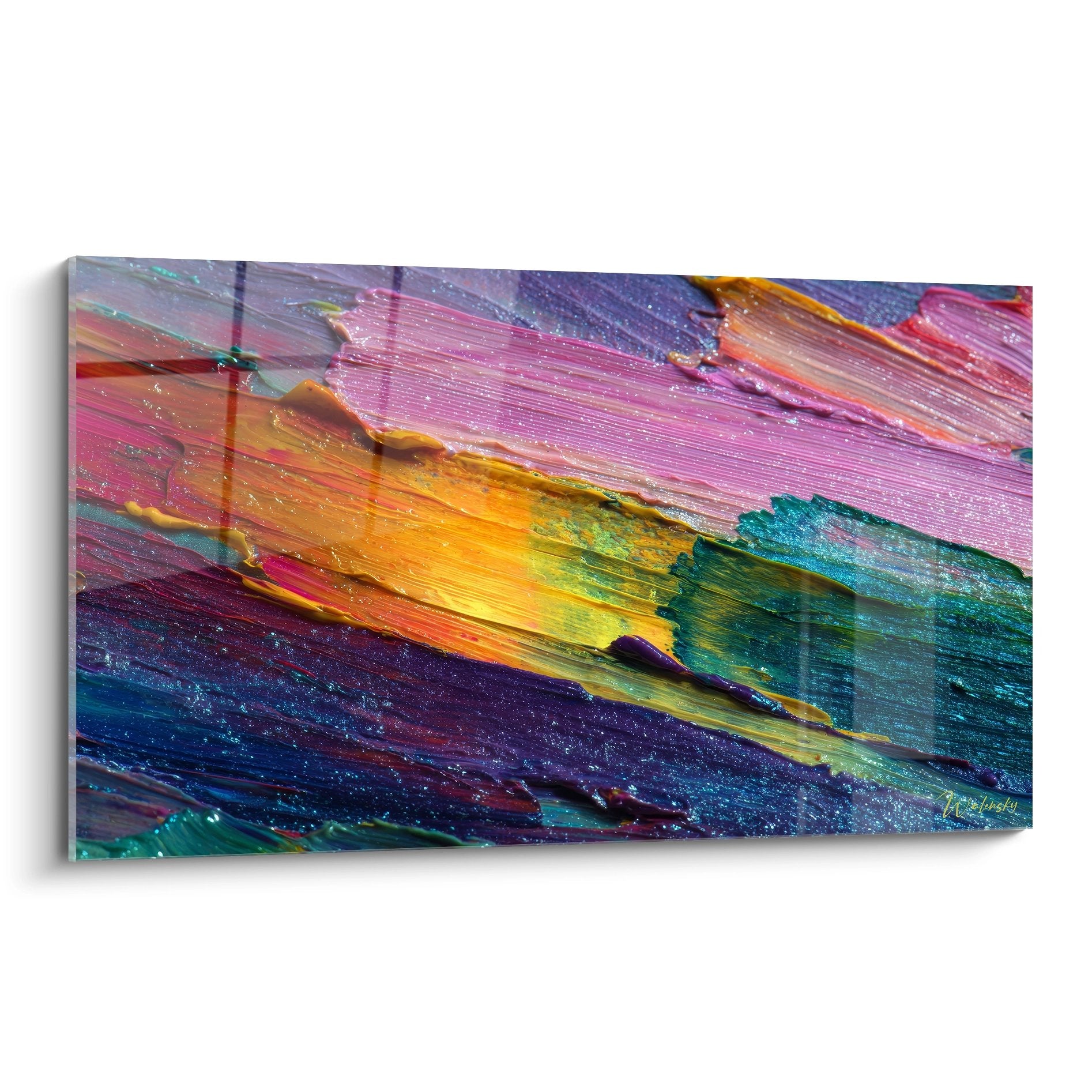 Tableau peinture à l'huile abstraite multicolore avec empâtements rose orange vert violet