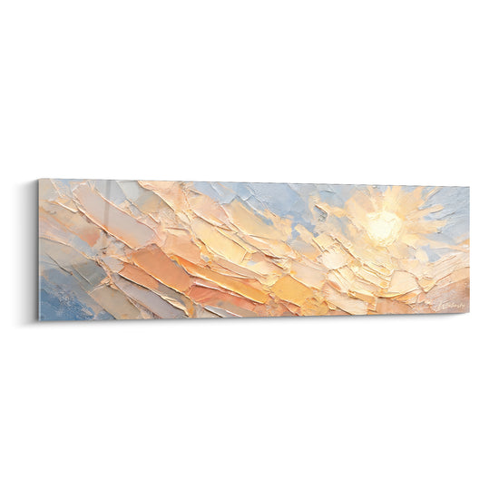 Tableau Soleil rayonnant aux teintes pêche et bleutées - Noyau lumineux central - Edition Peinture (style)