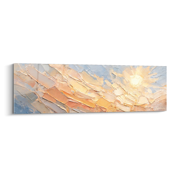 Tableau Soleil rayonnant aux teintes pêche et bleutées - Noyau lumineux central - Edition Peinture (style)
