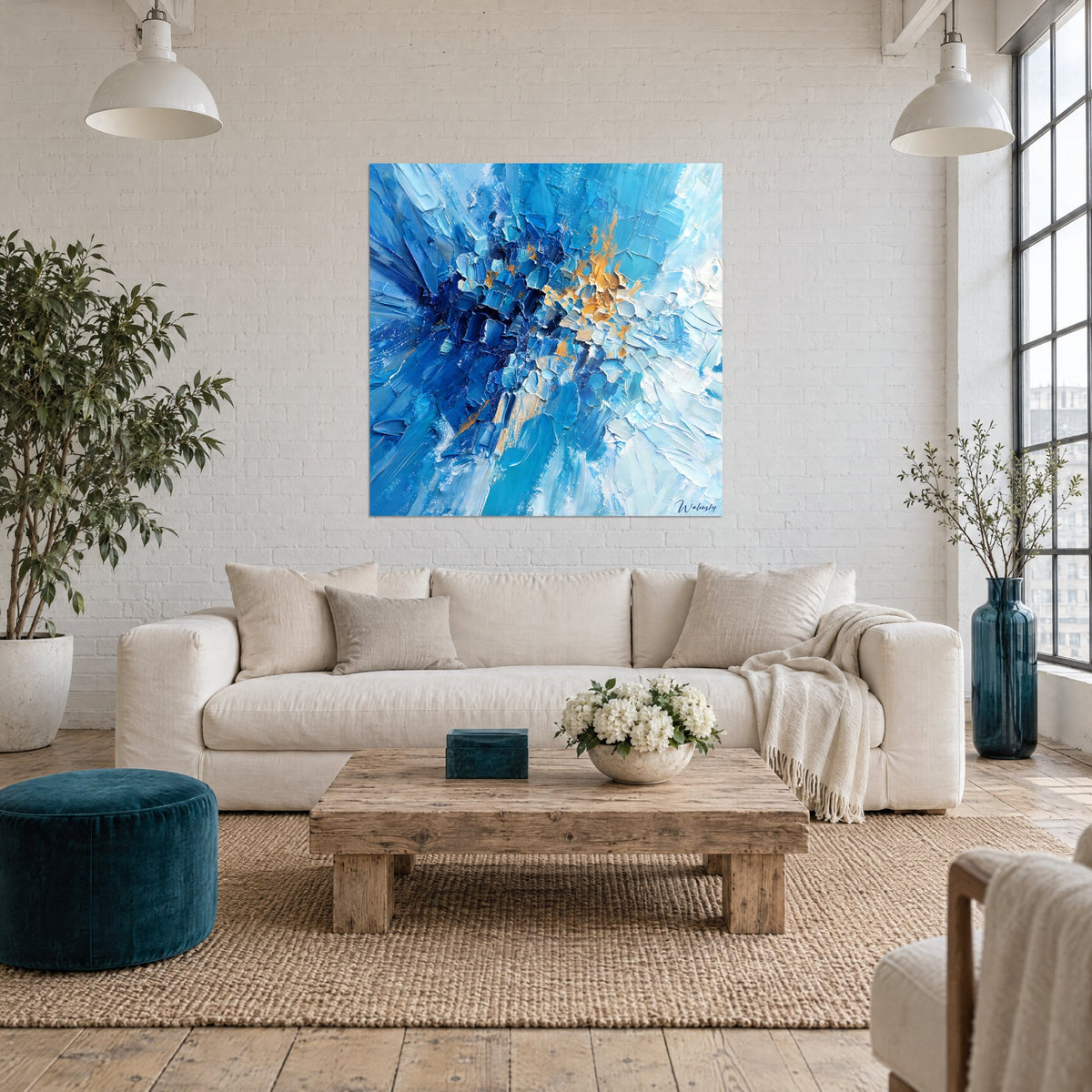 Tableau éclaboussure bleu marine et dorée en pâte épaisse, éclats ocre et glacés, au-dessus d'un canapé dans un salon lumineux