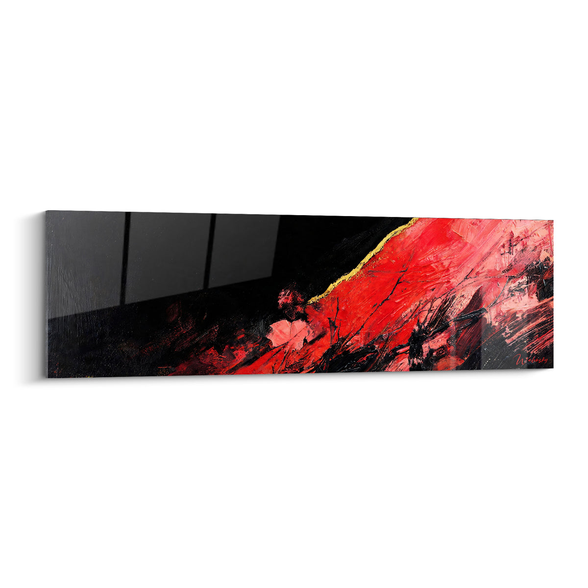 Tableau faille rouge fauve et noir anthracite traversée d'un filet doré, peinture abstraite au couteau