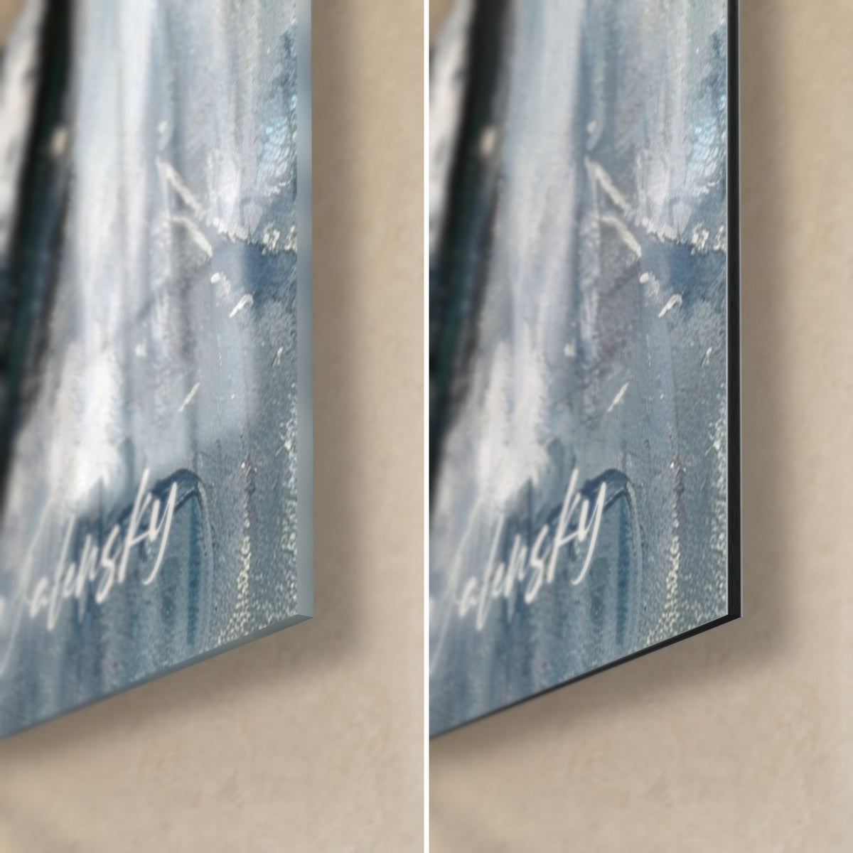 Tableau sous-bois vert profond et doré, coin bas droit : verre acrylique brillant à gauche, Dibond noir mat à droite, tranche de 3 mm