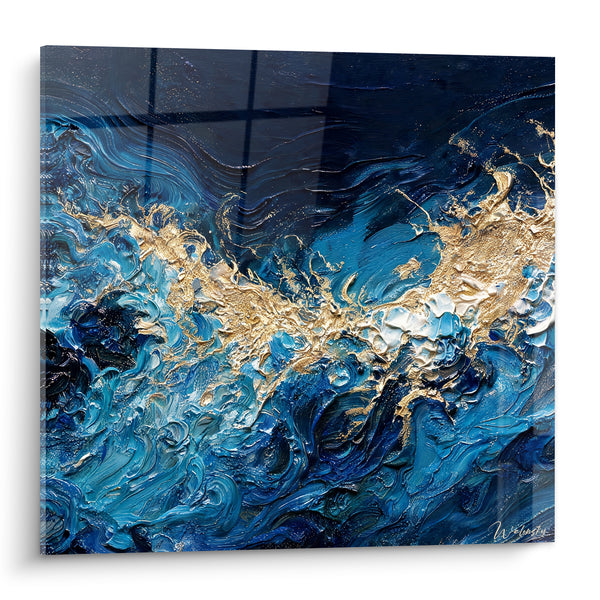 Tableau Vague bleu marine aux éclats dorés - Écume dorée - Edition Peinture (style)
