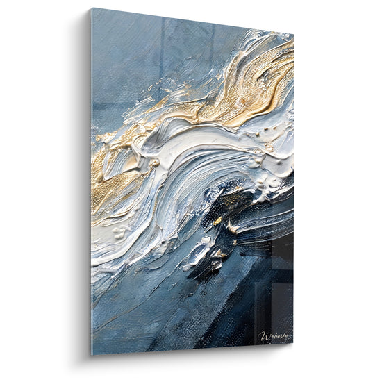Tableau Vague bleu ardoise et blanche aux volutes dorées - Crête en spirale - Edition Peinture (style)