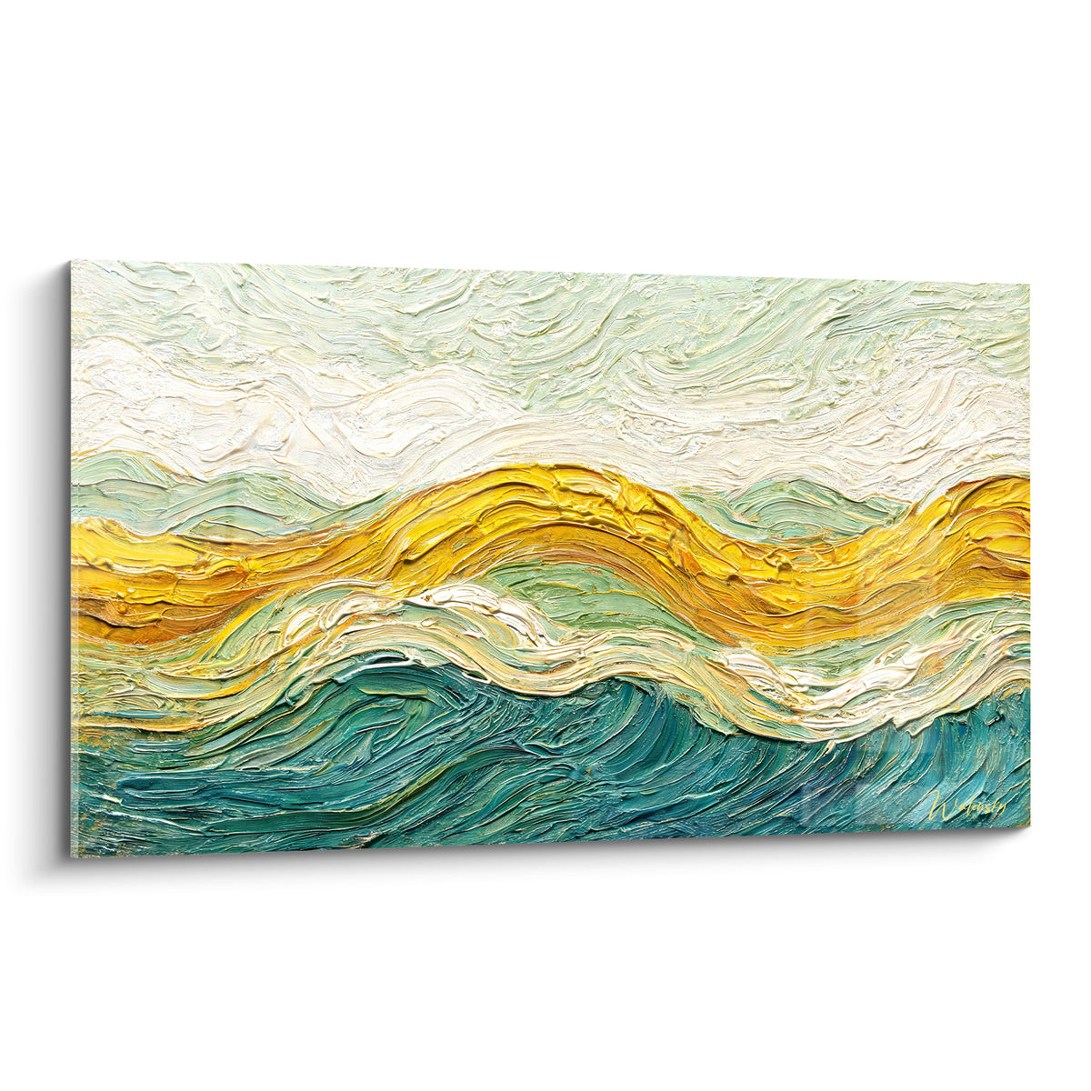 Tableau vagues dorées et sarcelle, houle empâtée en ocre et bleu profond sur toile texturée