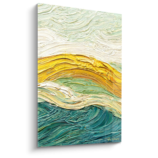 Tableau Vague dorée et sarcelle au couteau - Arche lumineuse centrale - Edition Peinture (style)