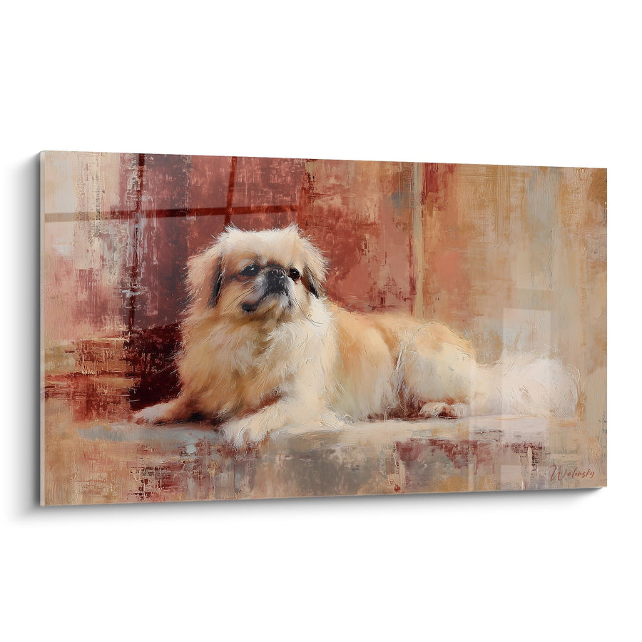 Tableau Pekinois Allongé aux Tons Ocre et Rouille - Quiétude Dorée - Edition Pekinois