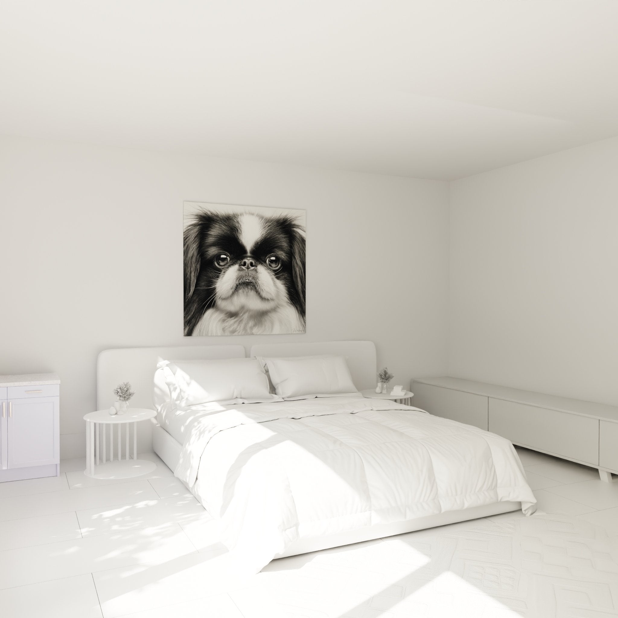 Tableau Pékinois noir blanc décorant une chambre moderne, portrait chien expressif ambiance sereine