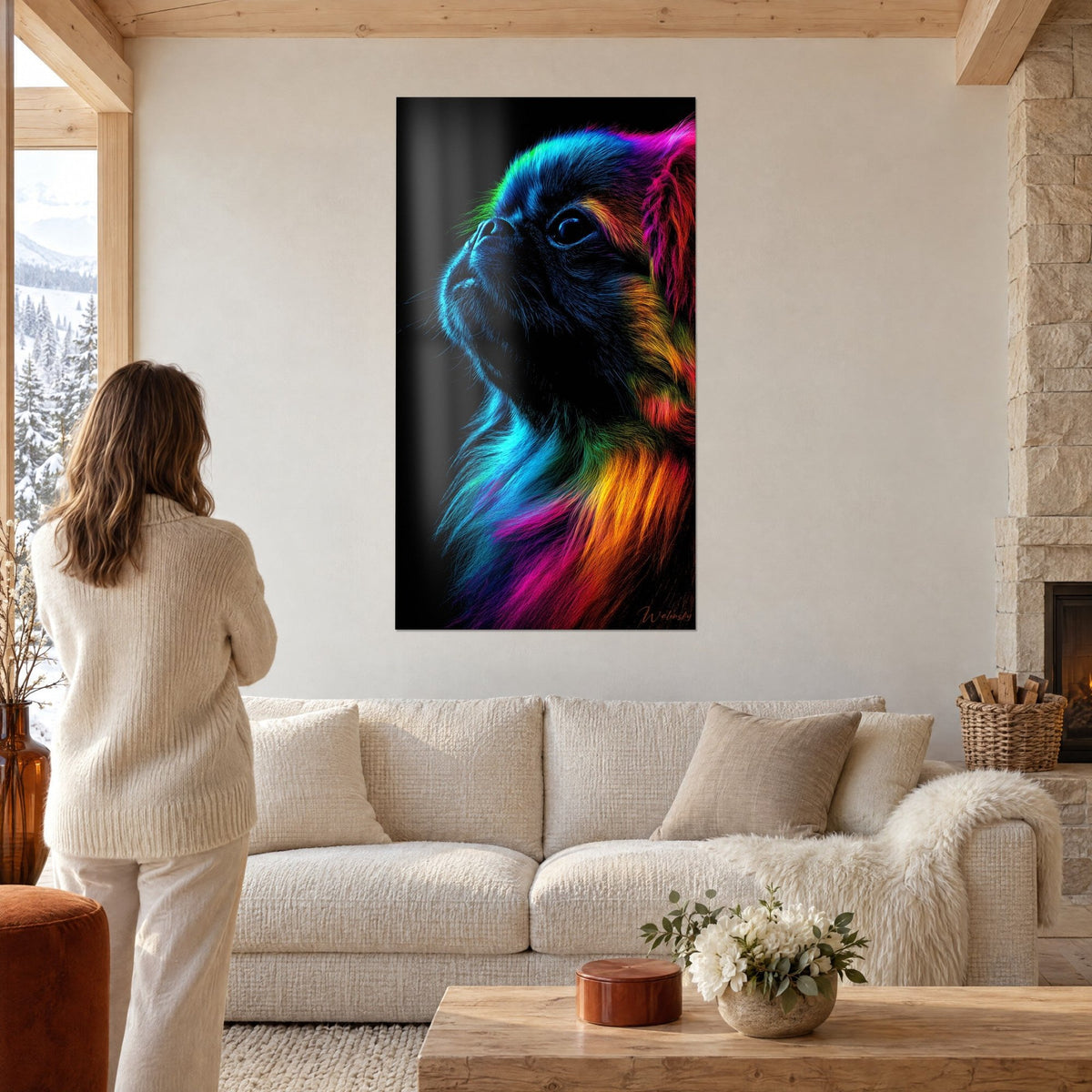 Wall art Pekingese lifting its muzzle, turquoise and orange coat on black background, above a sofa in a bright living room