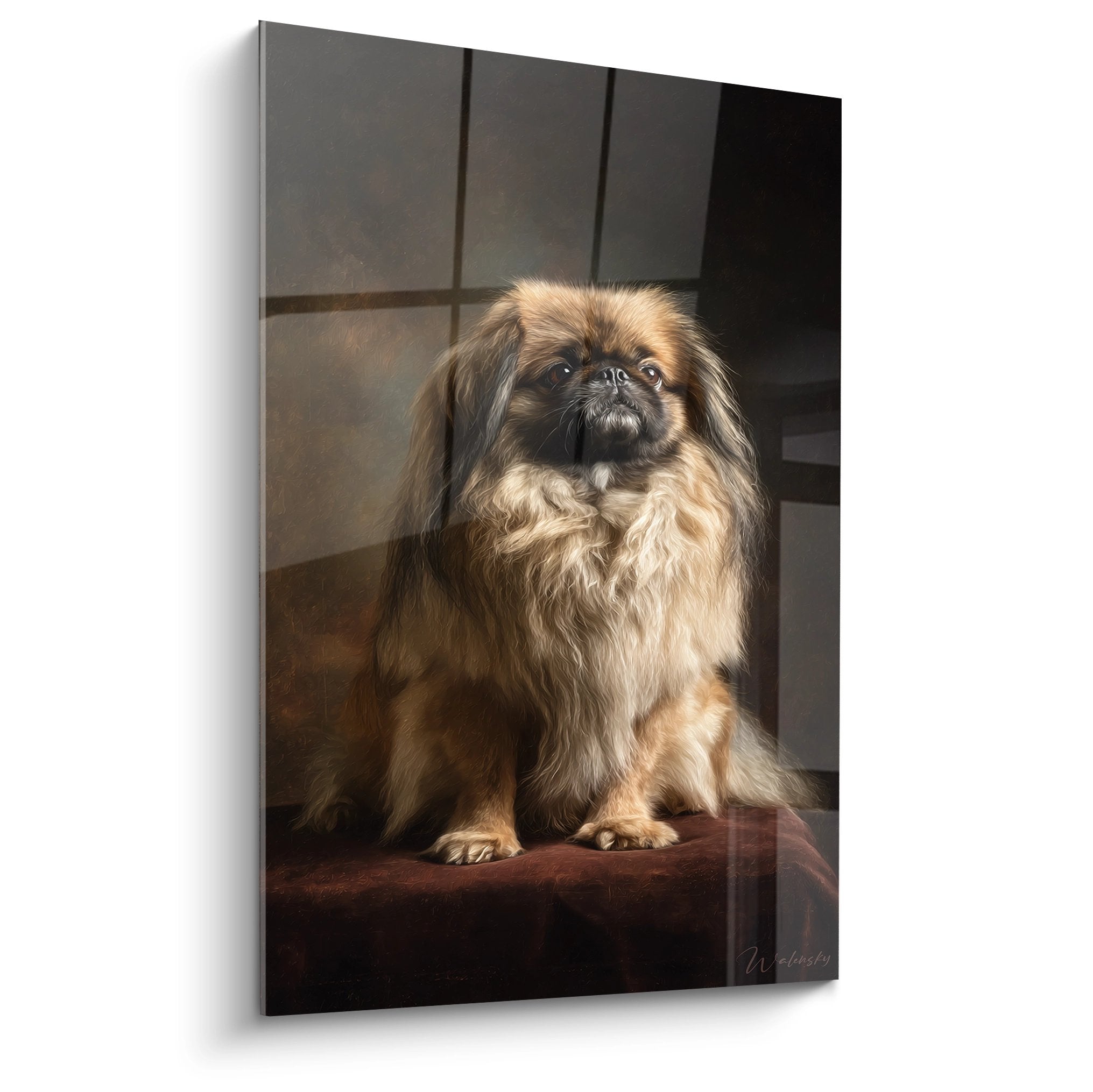 Tableau portrait Pékinois pelage doré assis banc bois sculpté regard expressif ambiance chaleureuse