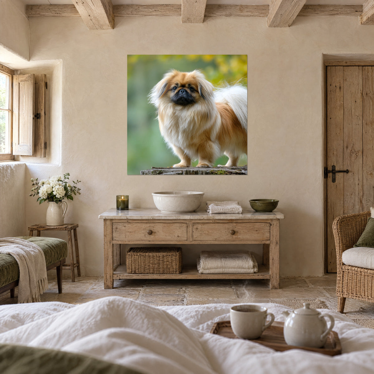 Cuadro pequeño perro león rojo y blanco de mirada oscura, follaje amarillo desenfocado, colgado encima de una cama en un dormitorio luminoso