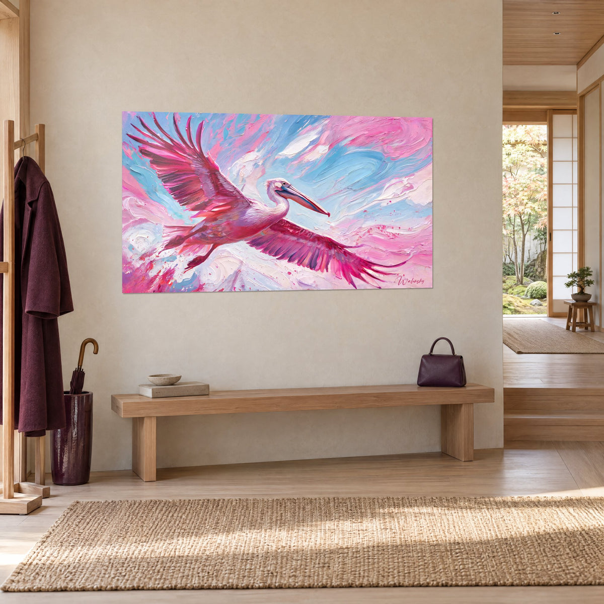 Tableau oiseau marin aux grandes ailes magenta et au bec ivoire, ciel azur empâté, mur beige près d'un banc en bois