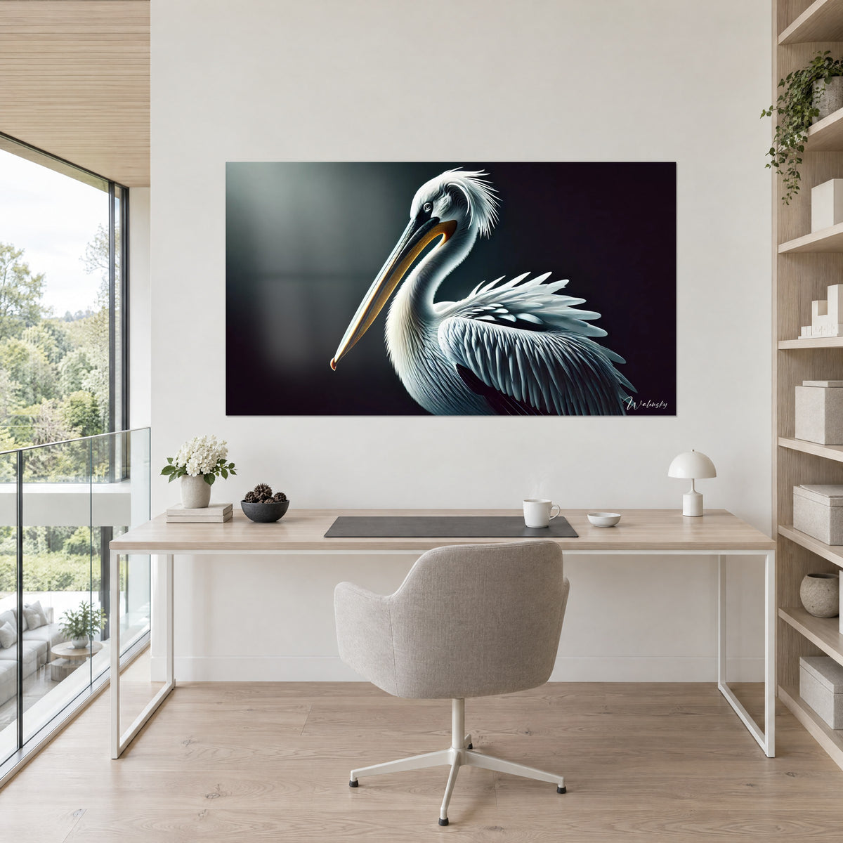 Gemälde Porträt eines Wasservogels, weiße und stahlblaue Federn, safrangelber Schnabel, über einem hellen Schreibtisch