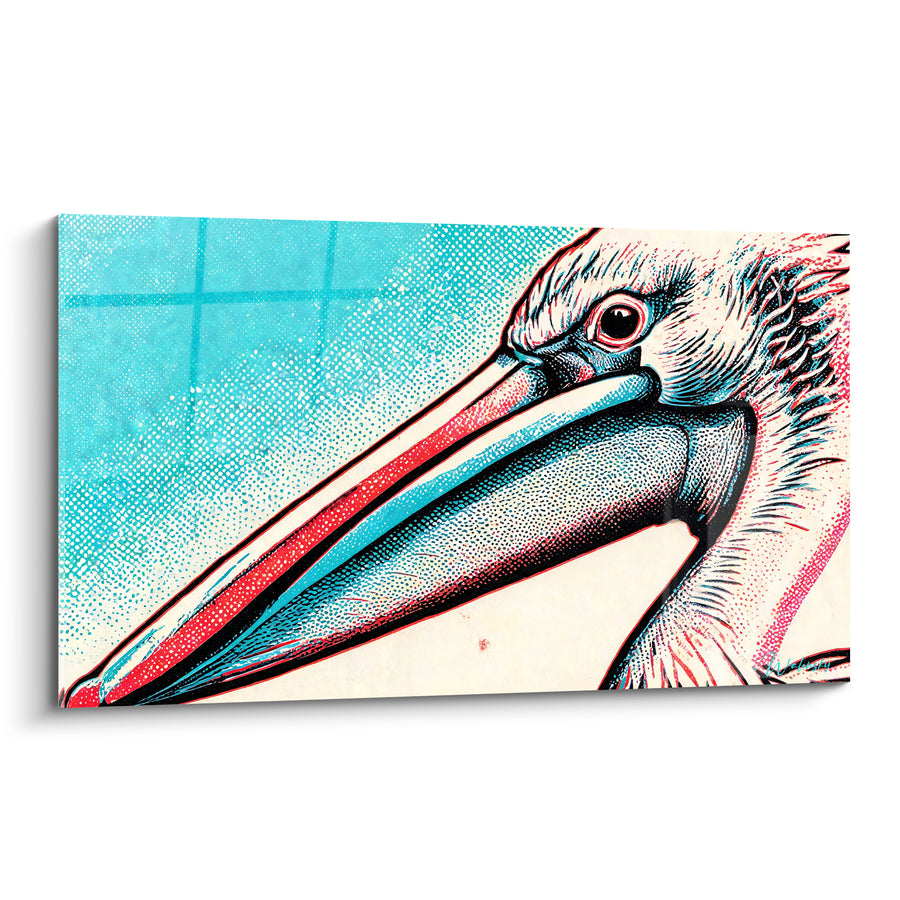 Tableau Pélican au long bec turquoise et corail - Regard perçant - Edition Pélican