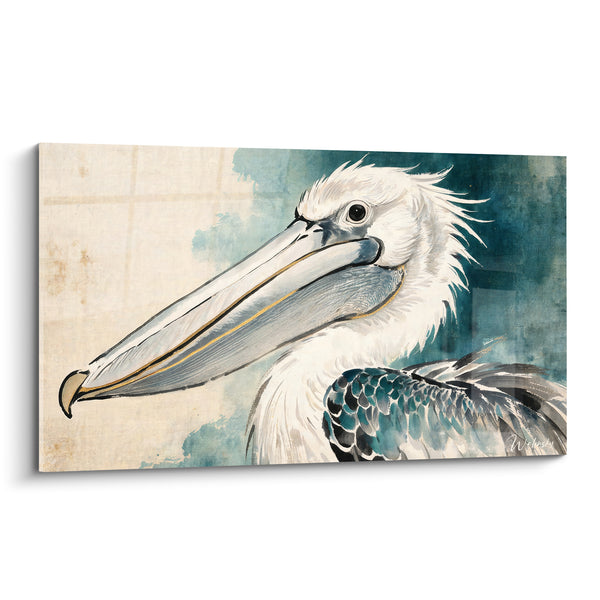 Tableau Pélican blanc au bec bleu cerné d'or - Silence du rivage - Edition Pélican