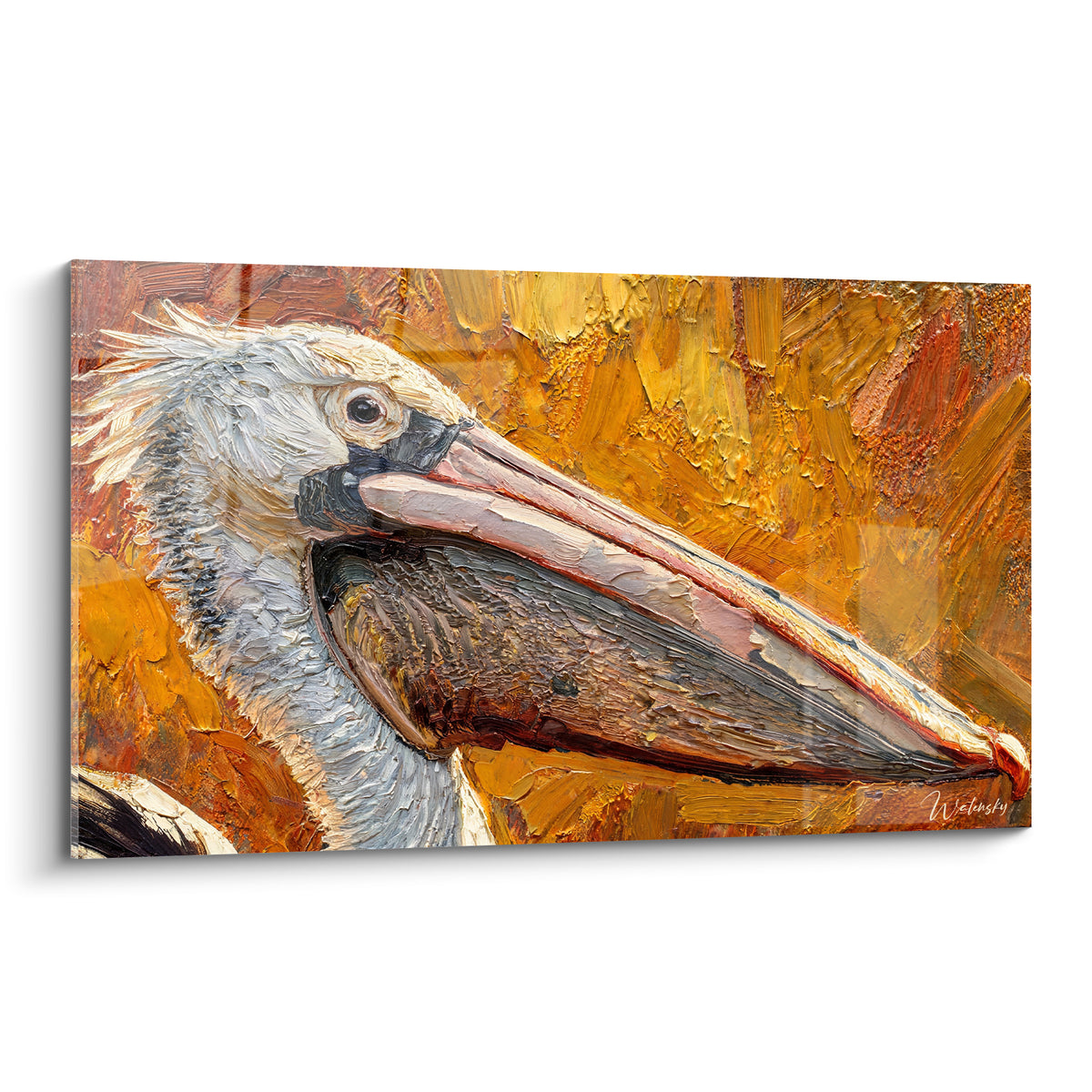 Tableau pélican au bec ocre et plumage blanc peint en empâtements sur fond doré intense
