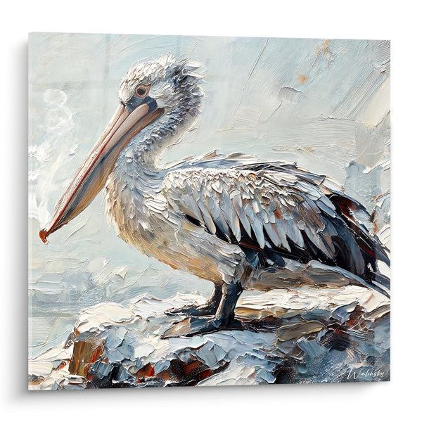 Tableau Pélican perché bec orangé rocher - Veille au large - Edition Pélican