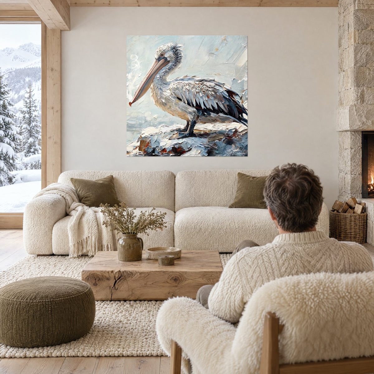Tableau pélican au long bec orangé, plumage blanc et gris bleuté en empâtements, au-dessus d'un canapé dans un salon lumineux