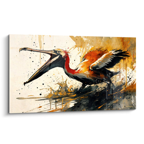 Tableau Pélican bec ouvert ocre et noir éclaboussé - Cri du large - Edition Pélican