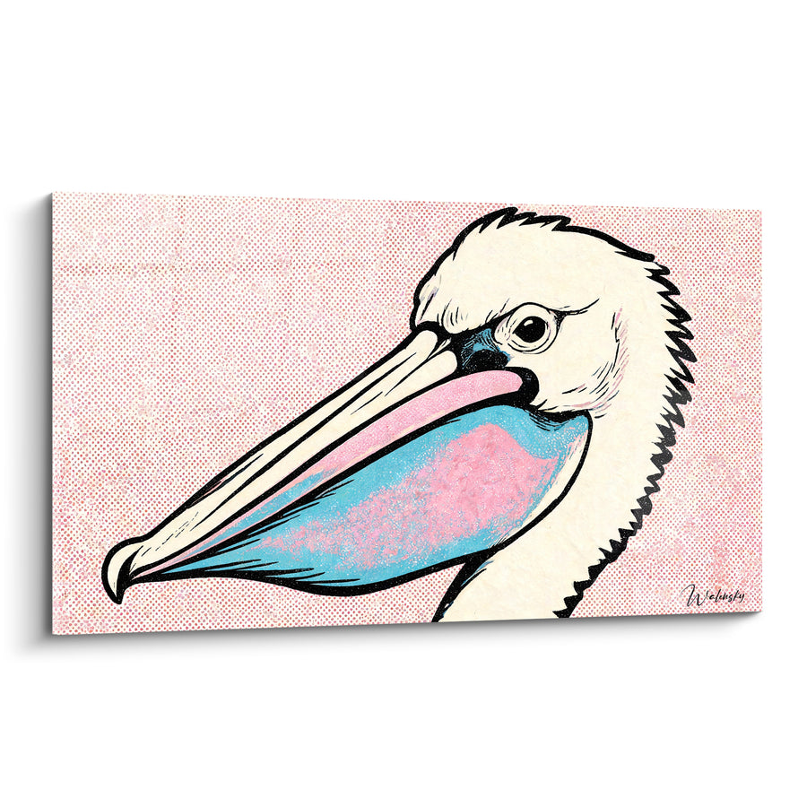 Tableau Pélican blanc au bec rose et bleu - Allure facétieuse - Edition Pélican