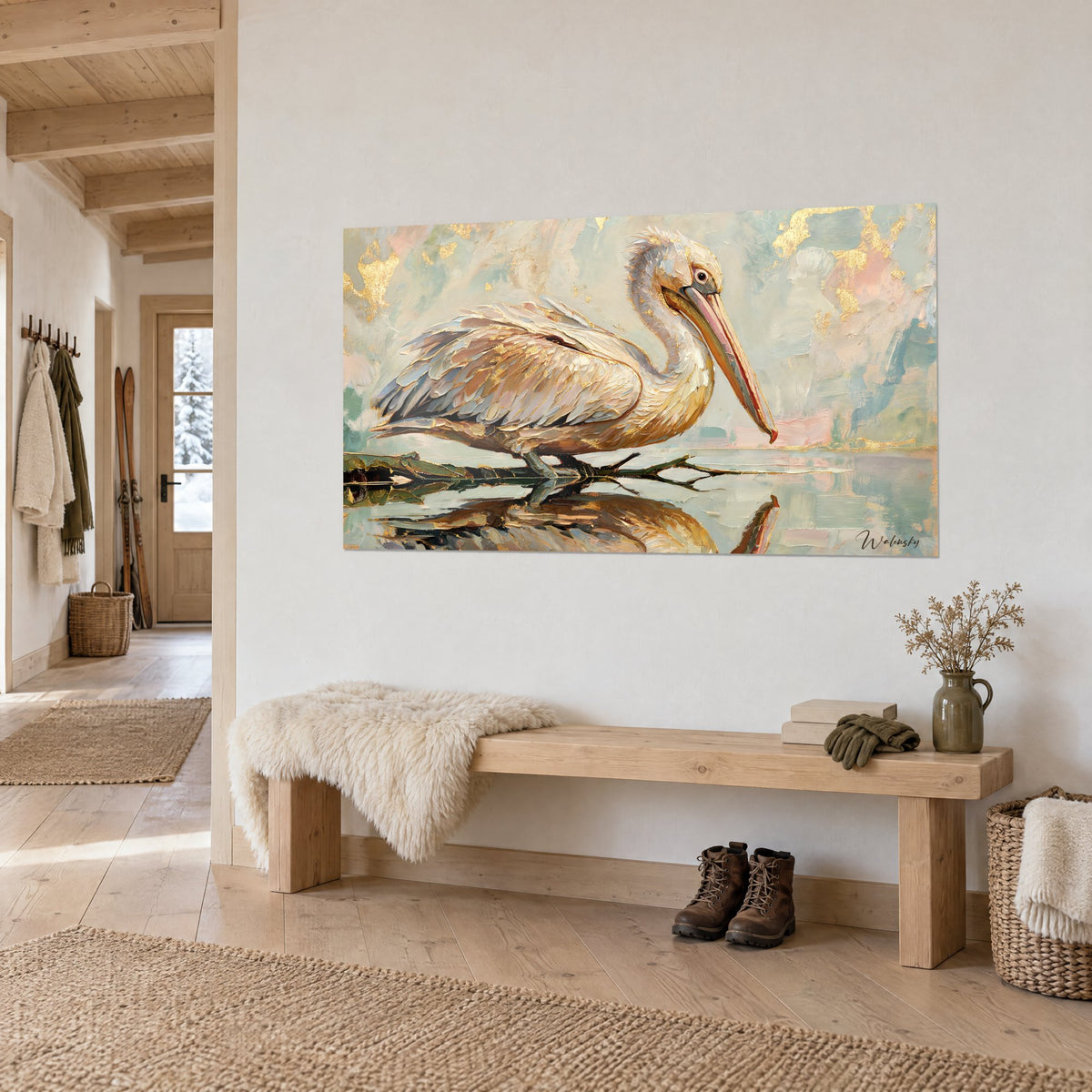 Schilderij van een meervogel met roze en gouden snavel, groenblauwe weerspiegeling onder de poten, driekwart zicht in de hal van een chalet