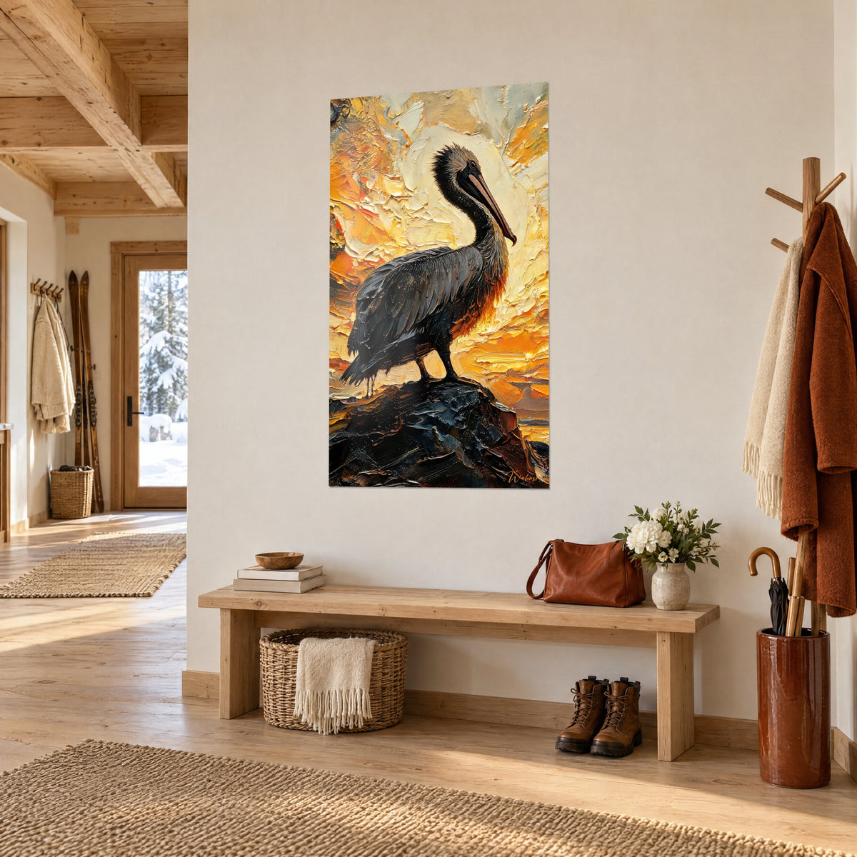 Tableau oiseau au long bec rosé et plumage anthracite, fond ocre crémeux en empâtements, vu de trois quarts dans l'entrée